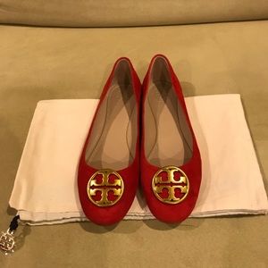 Tory Burch Red Suede Logo Ballet Flats with Gold Emblem
